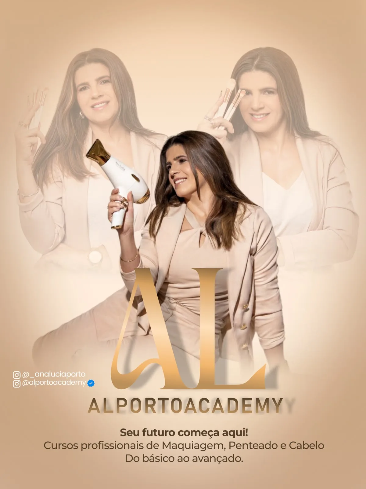 Ana Lucia Porto com secador, na fotografia oficial da ALPORTO Academy