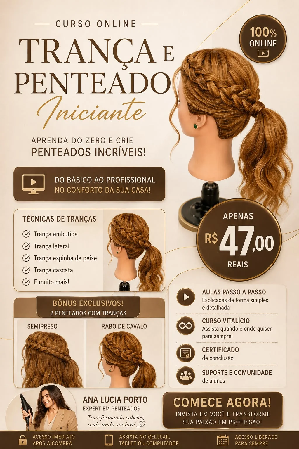 Detalhe de uma trança em cabeça de treino, do material oficial do curso
