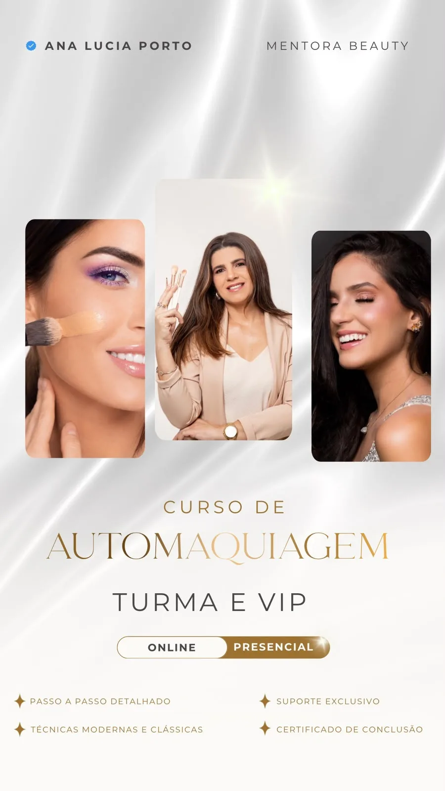 Arte do curso de Automaquiagem com Ana Lucia Porto, formatos turma e VIP, suporte e certificado de conclusão