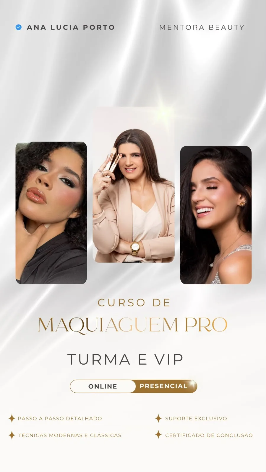 Arte do curso de Maquiagem Pro com Ana Lucia Porto, formatos turma e VIP, suporte e certificado de conclusão