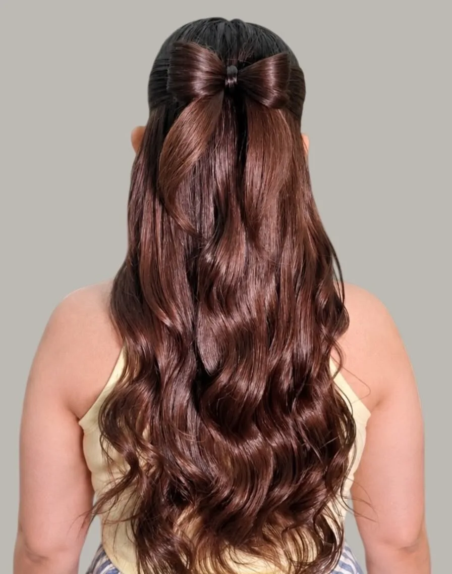 Penteado semipreso com laço feito de cabelo e ondas no comprimento